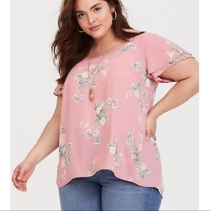 Torrid Pink Floral Flutter Sleeve Georgette Blouse